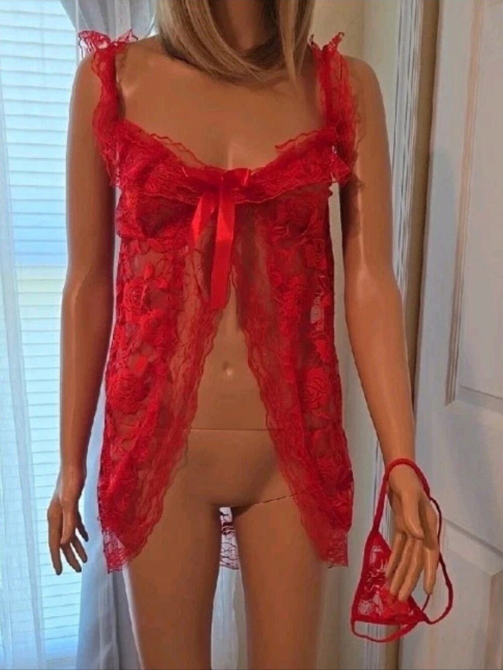 Babydoll Lingerie Womens Sexy Red Lace Set 2PC Mesh Nightgown & Thong Size S